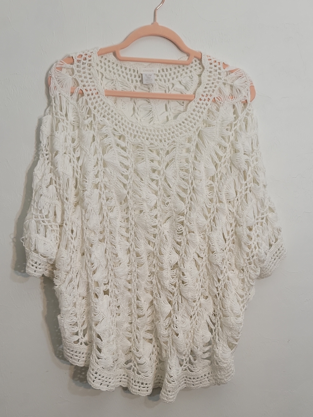 Chico's Cream Off-Shoulder Crochet Sweater/ Poncho Style